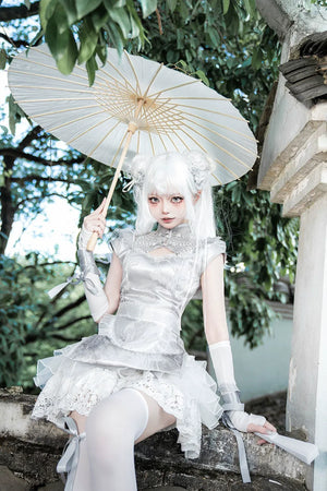 New Chinese style white Dress Cheongsam Maid Apron Short Dress Lolita - Yandan_Hanfu