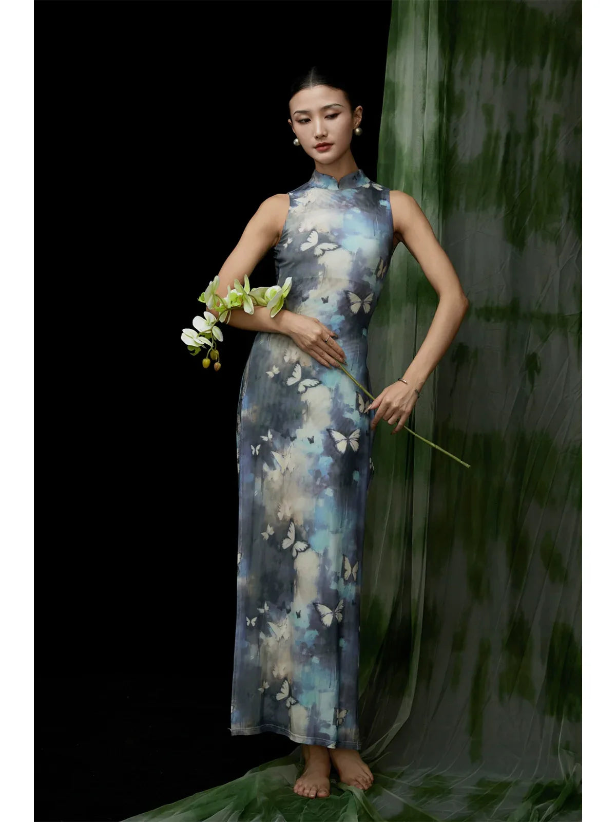 Elegant Modern Chinese-Style Blue Qipao Dress – Vintage-Inspired Long Cheongsam - Yandan_Hanfu
