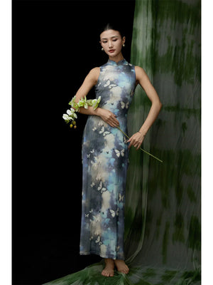 Elegant Modern Chinese-Style Blue Qipao Dress – Vintage-Inspired Long Cheongsam - Yandan_Hanfu