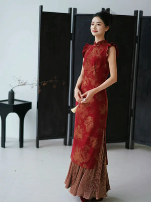 Lotus Step – Red Mermaid Qipao for Wedding, Engagement & Tea Ceremony - Yandan_Hanfu