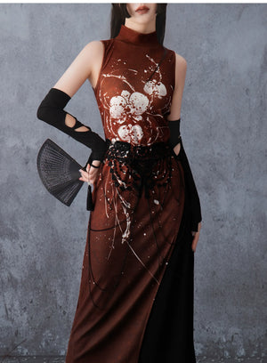 Scarlet Orchid – High-Slit Qipao Dress | Red Mandarin Collar New Chinese Style Slim Fit Gown - Yandan_Hanfu