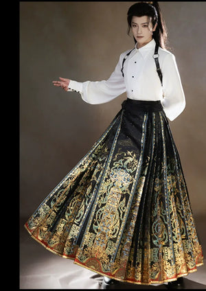 Unisex Hanfu Set – Inlaid Bronze-Inspired Brocade Horse-Face Skirt in Modern Chinese Style - Yandan_Hanfu