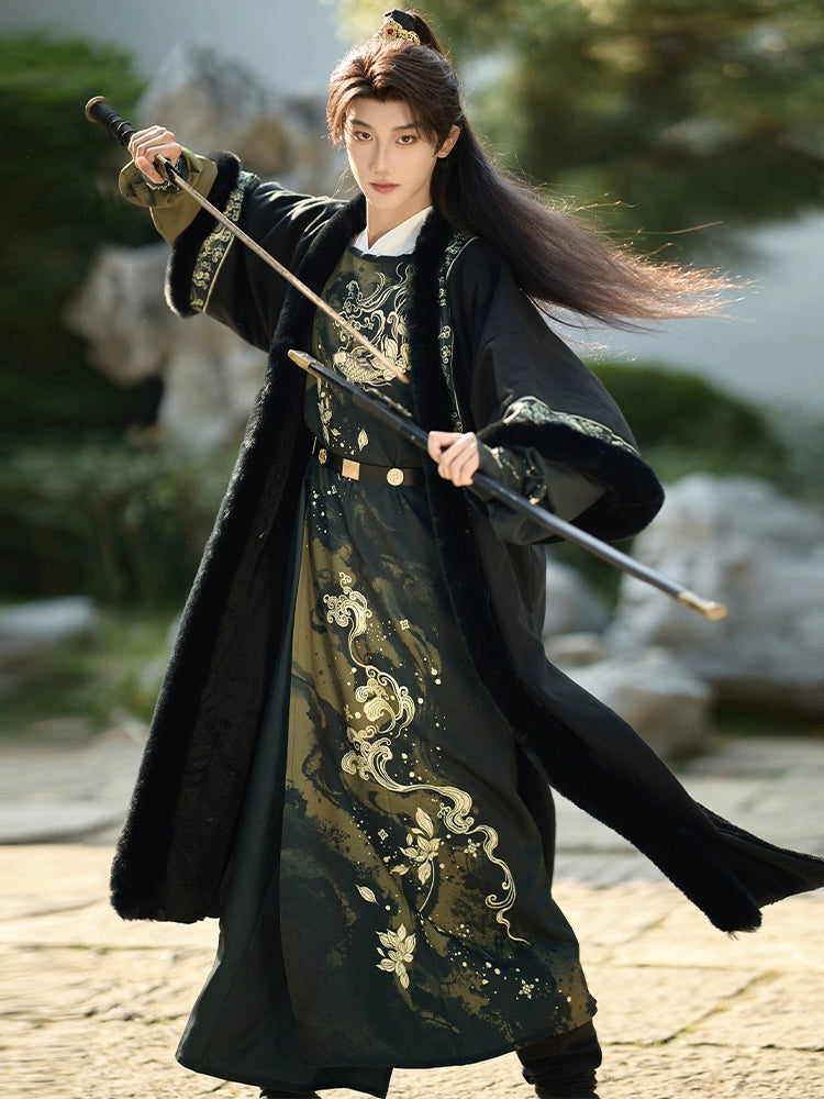 Golden Fish Over the Desert – Tang-Inspired Round Collar Hanfu Coat with Plush Fur Trim (Unisex Winter Set)