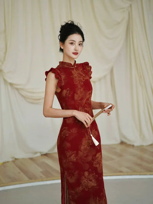 Lotus Step – Red Mermaid Qipao for Wedding, Engagement & Tea Ceremony - Yandan_Hanfu