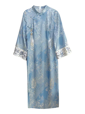 “Azure Spring” – New Chinese Embroidered Qipao | Plus-Friendly, Slimming Early-Spring Dress - Yandan_Hanfu
