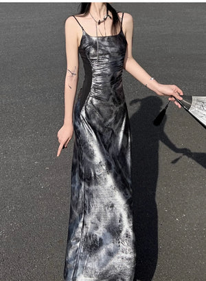 Glossy gray and silver new Chinese atmosphere Spice girl suspender dress Hot silver temperament long dress women - Yandan_Hanfu