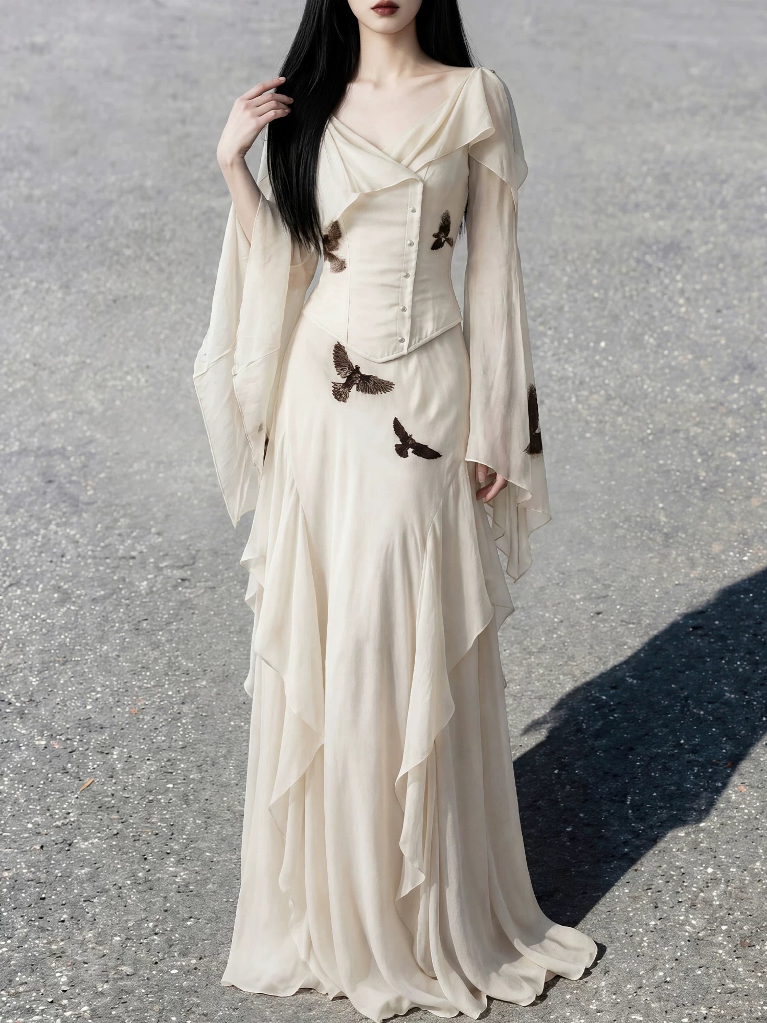 Beige Bird Embroidered Chiffon Set | Lapel Top & Ruffle Skirt New Chinese