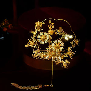 Bride Golden Curtain Flower Happy Chinese Wedding Show Headdress Hair Accessories - Yandan_Hanfu