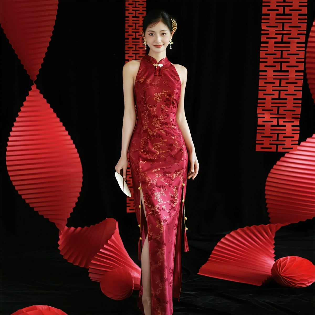 "Jubilee Bell" Red Cheongsam Shawl Bridal Toast Engagement Dress
