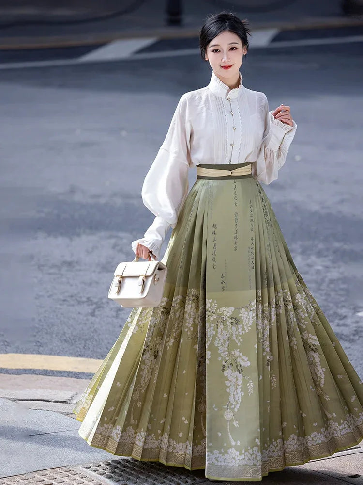 Light Green Modern Hanfu | Dreamy Flower Mamian Skirt Work Daily Hanfu - Yandan_Hanfu