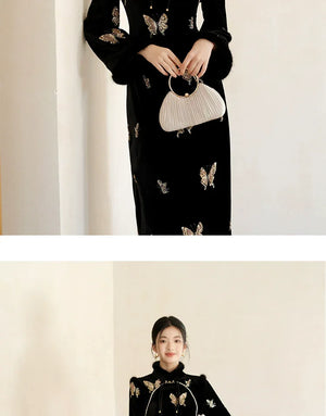Black & Gold Velvet Cheongsam – Modern Chinese Winter Dress with Butterfly Bead Embroidery - Yandan_Hanfu