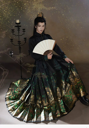 Four Divine Beasts Hanfu Set – Unisex Chinese Shirt & Brocade Horse-Face Skirt in New Style Design - Yandan_Hanfu