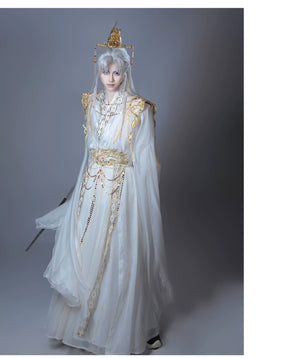 【Radiance of the Dragon】 White Hanfu Ensemble with Cross-Collar, Clouded Shoulders & Embroidered Seal men Unisex - Yandan_Hanfu