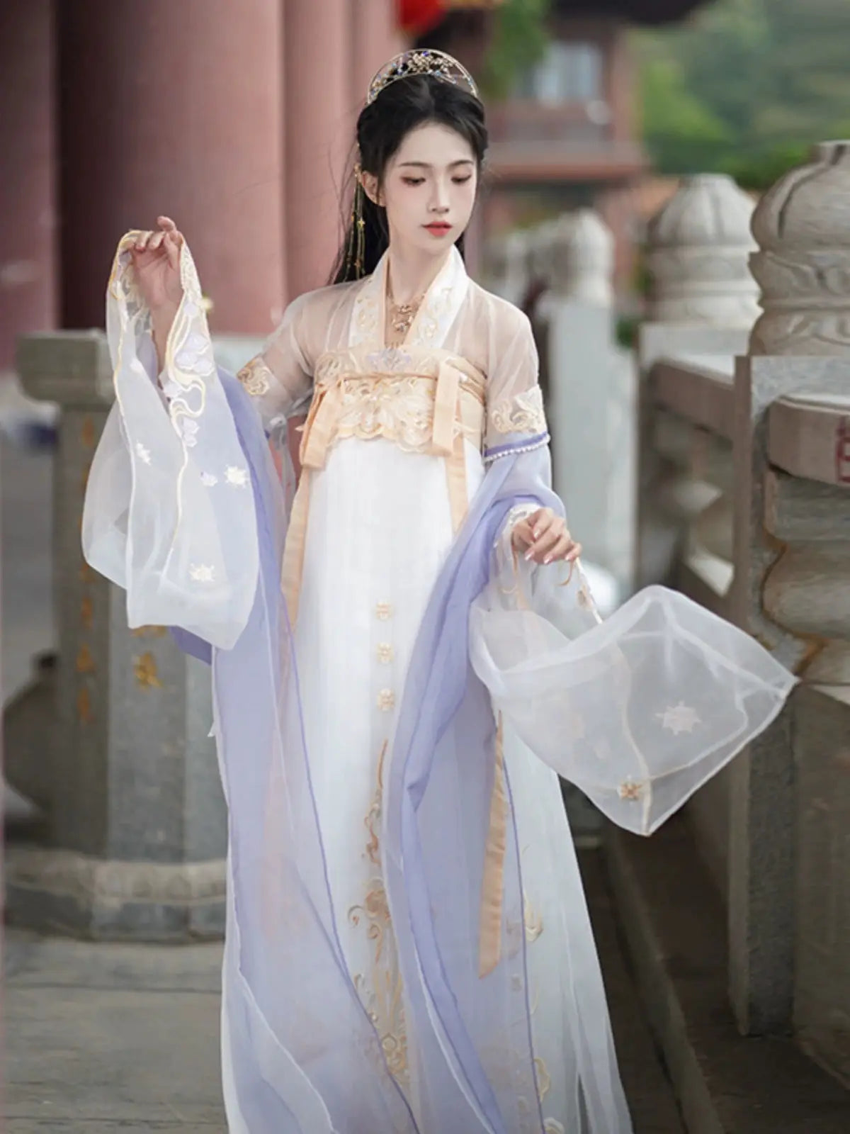 Elegant white Hanfu dress for women featuring chest-length design, sheer sleeves, and pastel embroidery, ideal for spring and autumn fashion.