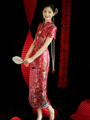 Yue Xi – Red Embroidered Jacquard Qipao for Wedding, Engagement & Tea Ceremony - Yandan_Hanfu