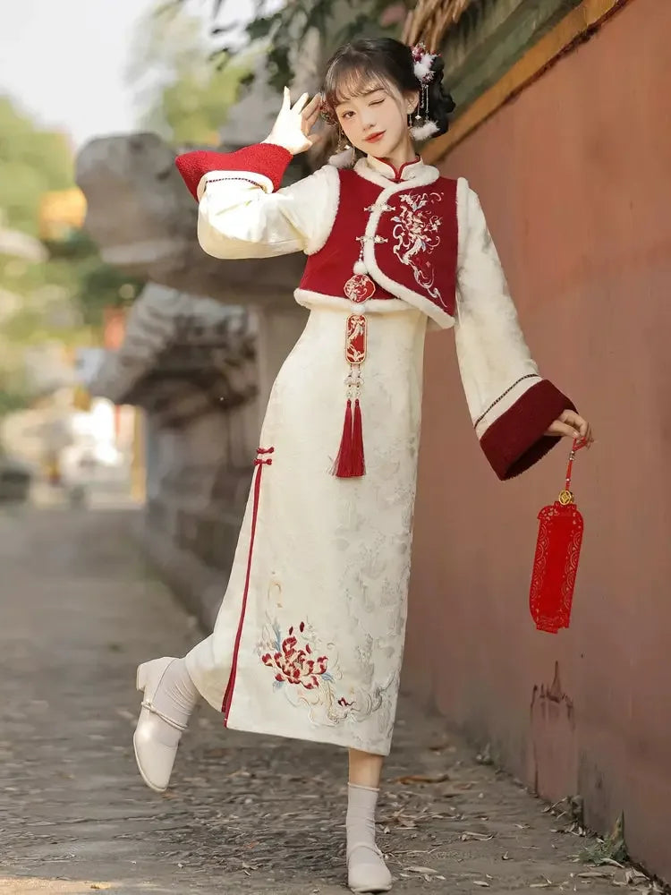 Original national brand autumn and winter lolita spring dawn Chinese style short Vest New year red robe long sleeve op cheongsam dress Vest (with Original national brand autumn and winter lolita spring dawn Chinese style short Vest New year red robe long sleeve op cheongsam dress Vest (with