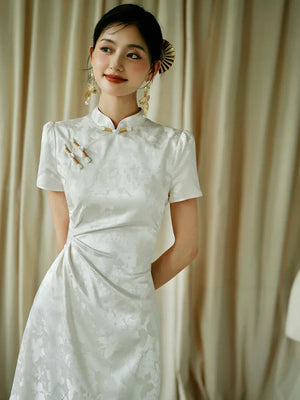 "Kite Butterfly" White Jacquard Cheongsam Bridal Toast Dress Engagement Dress - Yandan_Hanfu