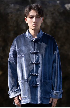 New Chinese Tang style men's button top autumn and winter coat golden velvet - Yandan_Hanfu