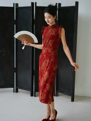 Lotus Step – Red Mermaid Qipao for Wedding, Engagement & Tea Ceremony - Yandan_Hanfu