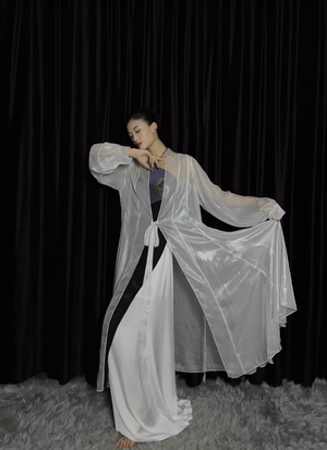 Yandan_Hanfu Chinese watercolor maxi skirt with dramatic full hem, floating light gauze fabric, model pose