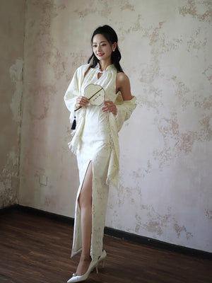 "Qianzhi" white embroidered shawl showing thin backless cheongsam bride wedding dress toast engagement - Yandan_Hanfu