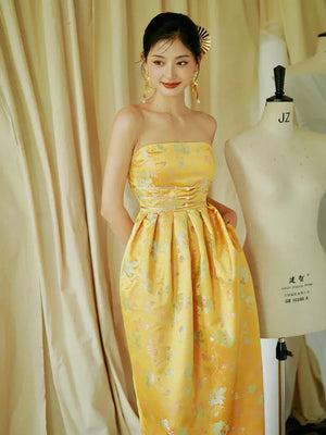 "Yunjing" yellow jacquard pregnant woman cheongsam bride toast dress - Yandan_Hanfu