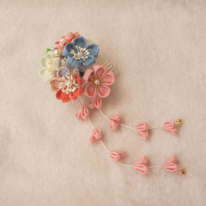 Traditional Japanese crepe hair accessory with floral details and pink hanging petals, ideal for enhancing Hanfu and kimono looks.