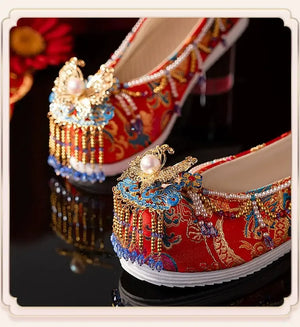 Sankeng Xiuhe Wedding Shoes Women's Customized Tassel Luxury Chinese Wedding Hanfu Shoes Wedding Flat Bow Shoes - Yandan_Hanfu