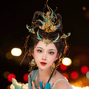 Song of the Peacock Plume – Gold-Plated Hanfu Headdress Set with Tassels & Crown Ornament - Yandan_Hanfu
