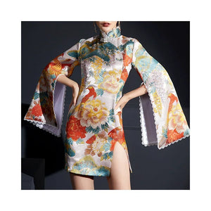 Phoenix jacquard, stand-up collar disc-buckled split cheongsam - Yandan_Hanfu