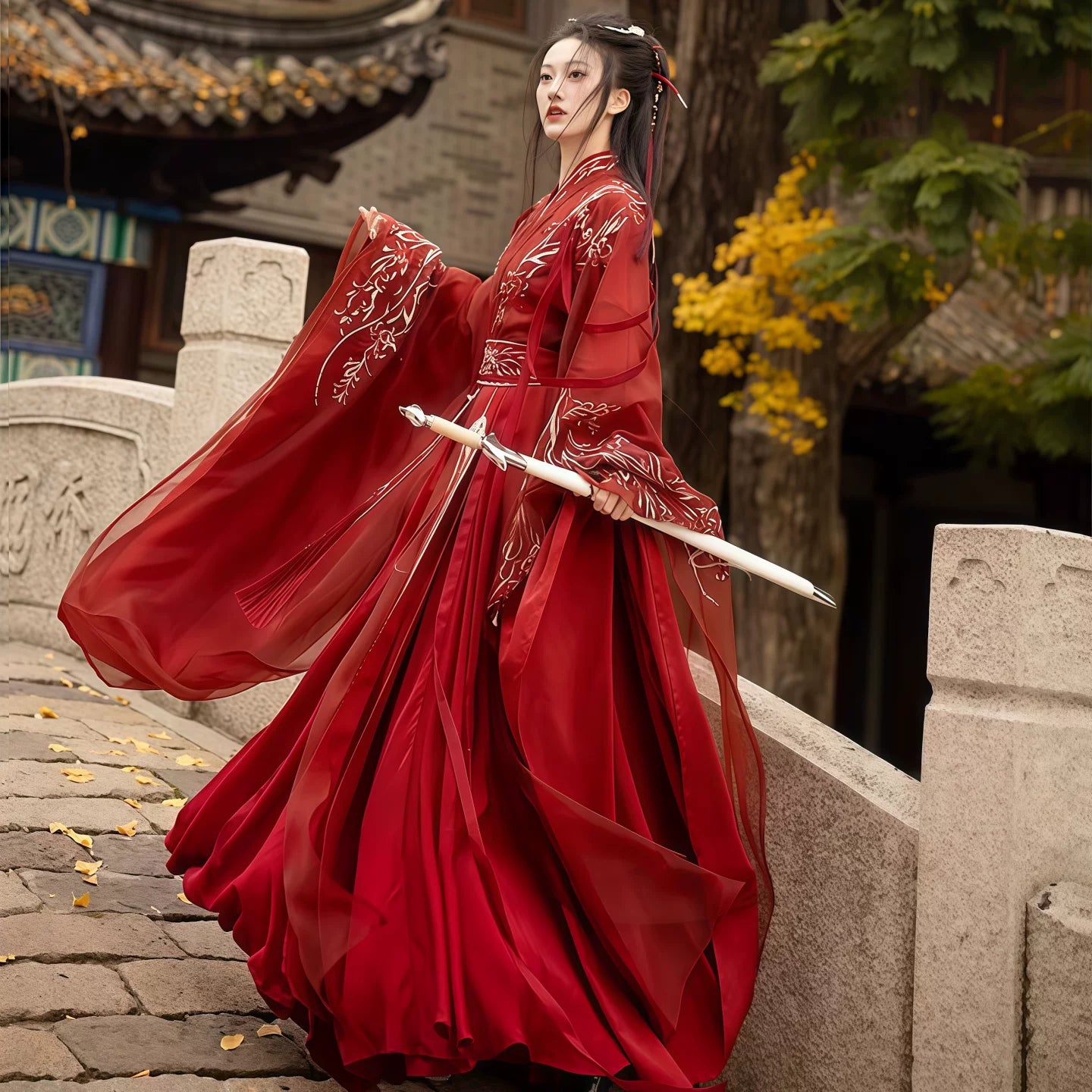 Beaded embroidery large sleeve Hanfu costume close-up