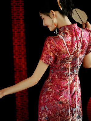 Yue Xi – Red Embroidered Jacquard Qipao for Wedding, Engagement & Tea Ceremony - Yandan_Hanfu