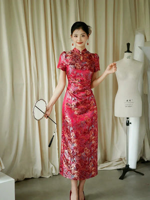 Yue Xi – Red Embroidered Jacquard Qipao for Wedding, Engagement & Tea Ceremony - Yandan_Hanfu