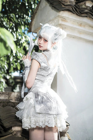New Chinese style white Dress Cheongsam Maid Apron Short Dress Lolita - Yandan_Hanfu