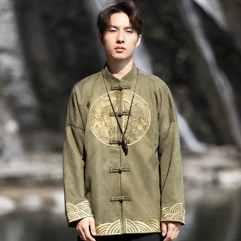 New Chinese style suede embroidered top jacket Tang suit men - Yandan_Hanfu