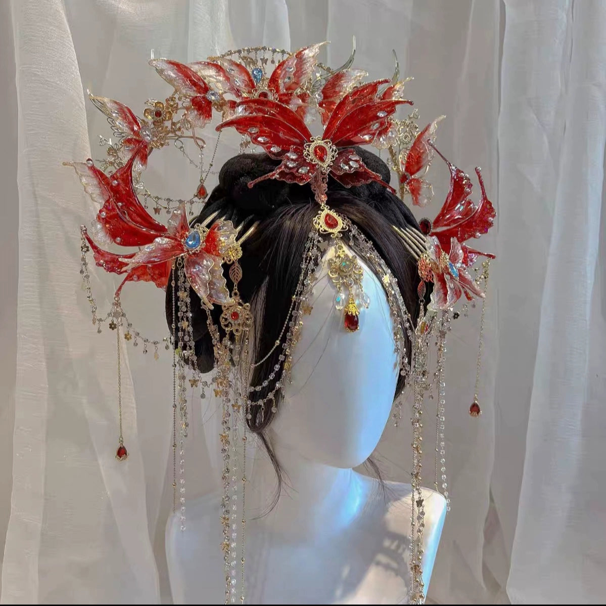 Dunhuang Princess Headpiece Set – Exotic Red Tassel Hair Accessories for Hanfu & Oriental Dance