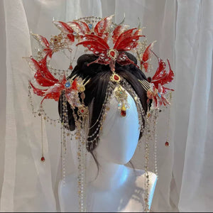 Dunhuang Princess Headpiece Set – Exotic Red Tassel Hair Accessories for Hanfu & Oriental Dance - Yandan_Hanfu