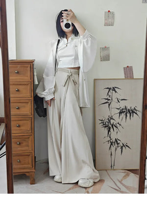 Tied Harmony – Unisex Wide-Leg Pants | New Chinese Style High-Waist Pleated Trousers with Belted Design - Yandan_Hanfu