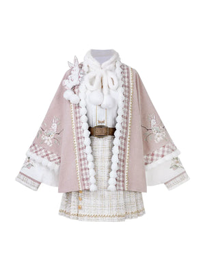 Pink Modern Hanfu-Inspired Outfit – New Chinese Top & Midi Skirt Set for Autumn/Winter - Yandan_Hanfu