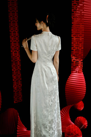 "Kite Butterfly" White Jacquard Cheongsam Bridal Toast Dress Engagement Dress