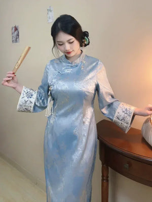 “Azure Spring” – New Chinese Embroidered Qipao | Plus-Friendly, Slimming Early-Spring Dress - Yandan_Hanfu