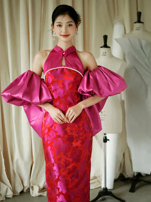 "Chuni" dragon fruit color jacquard cheongsam bride - Yandan_Hanfu