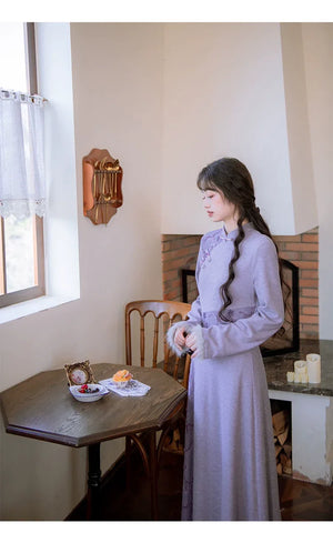 ''Falling Grace" Lace Qipao Cheongsam Dress & Faux Fur Jacket – Winter Collection - Yandan_Hanfu