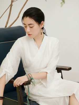 Realm of White – Yunshang Dress | Tibetan-Inspired New Chinese Style V-Neck White Gown - Yandan_Hanfu