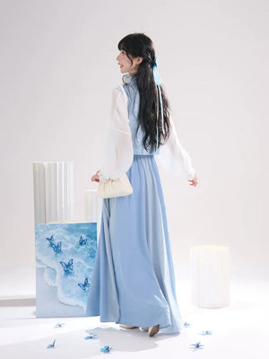 Sea Salt Sky Blue – Elegant Tang-Inspired Modern Hanfu with Long-Sleeve Top & Flowing Skirt - Yandan_Hanfu
