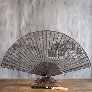 Suzhou sandalwood fan hollow sandalwood Chinese style folding fan - Yandan_Hanfu