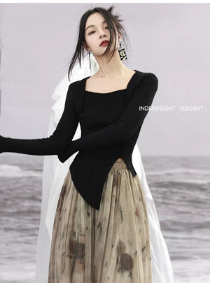 New Chinese style | suit women's early spring sweater fake two piece knitted black & red top - Yandan_Hanfu