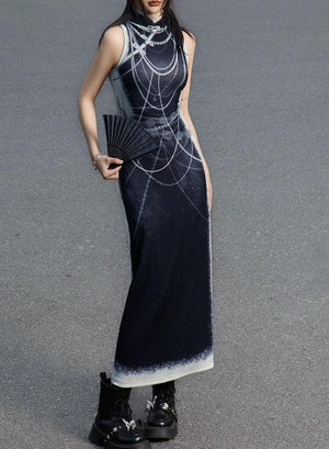 Black&white pearl knitted printed cheongsam new Chinese Y2K Spice Girl sleeveless cheongsam dress - Yandan_Hanfu