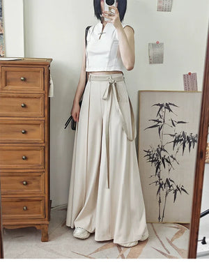 Tied Harmony – Unisex Wide-Leg Pants | New Chinese Style High-Waist Pleated Trousers with Belted Design - Yandan_Hanfu