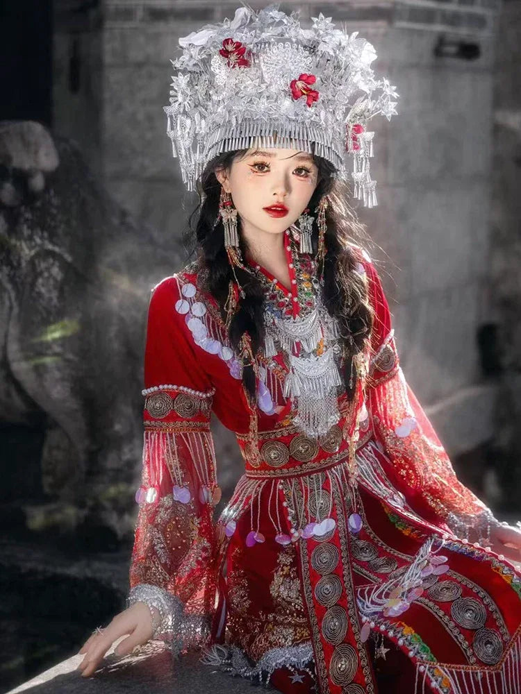 Red Chinese Miao clothing female high-end embroidery pearl wedding dress performance dress - Yandan_Hanfu